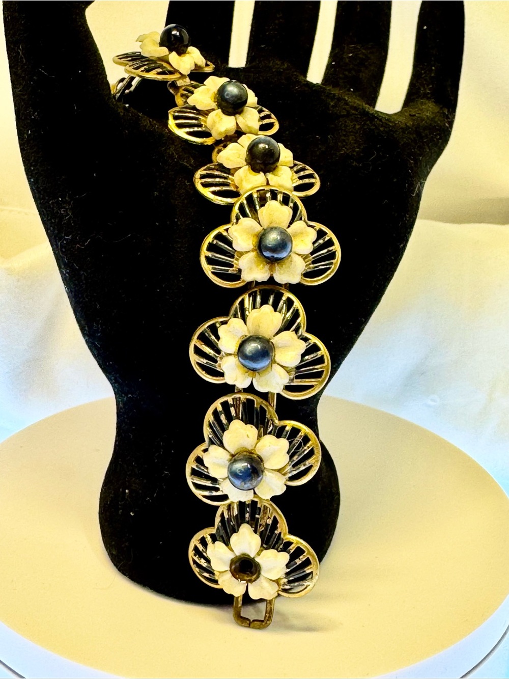 Vintage Dogwood  Floral Link Bracelet with Blue Center Cabochons